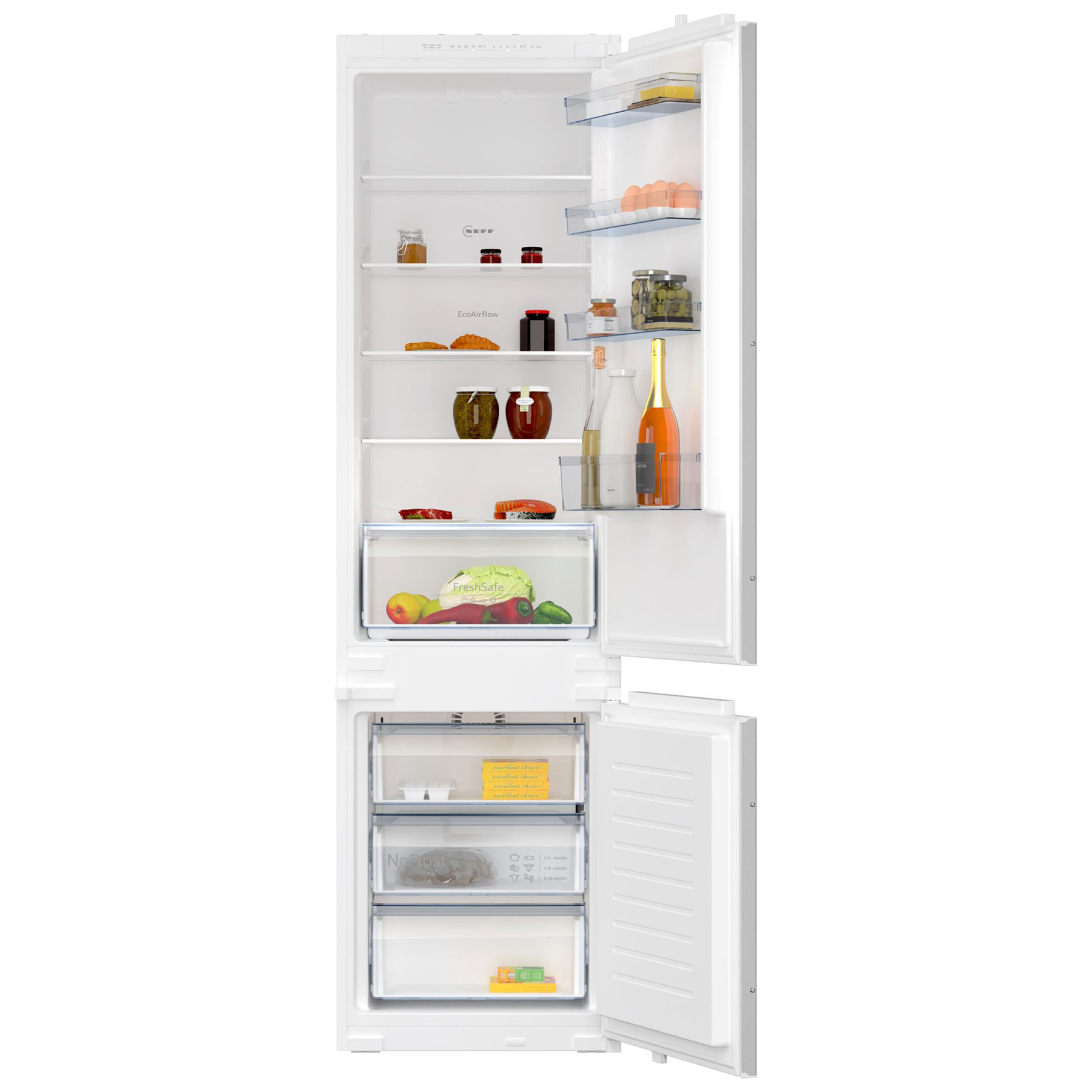White integrated fridge freezer with a 290-litre capacity, featuring adjustable shelves, a transparent vegetable drawer, and a separate freezer compartment with sliding drawers.