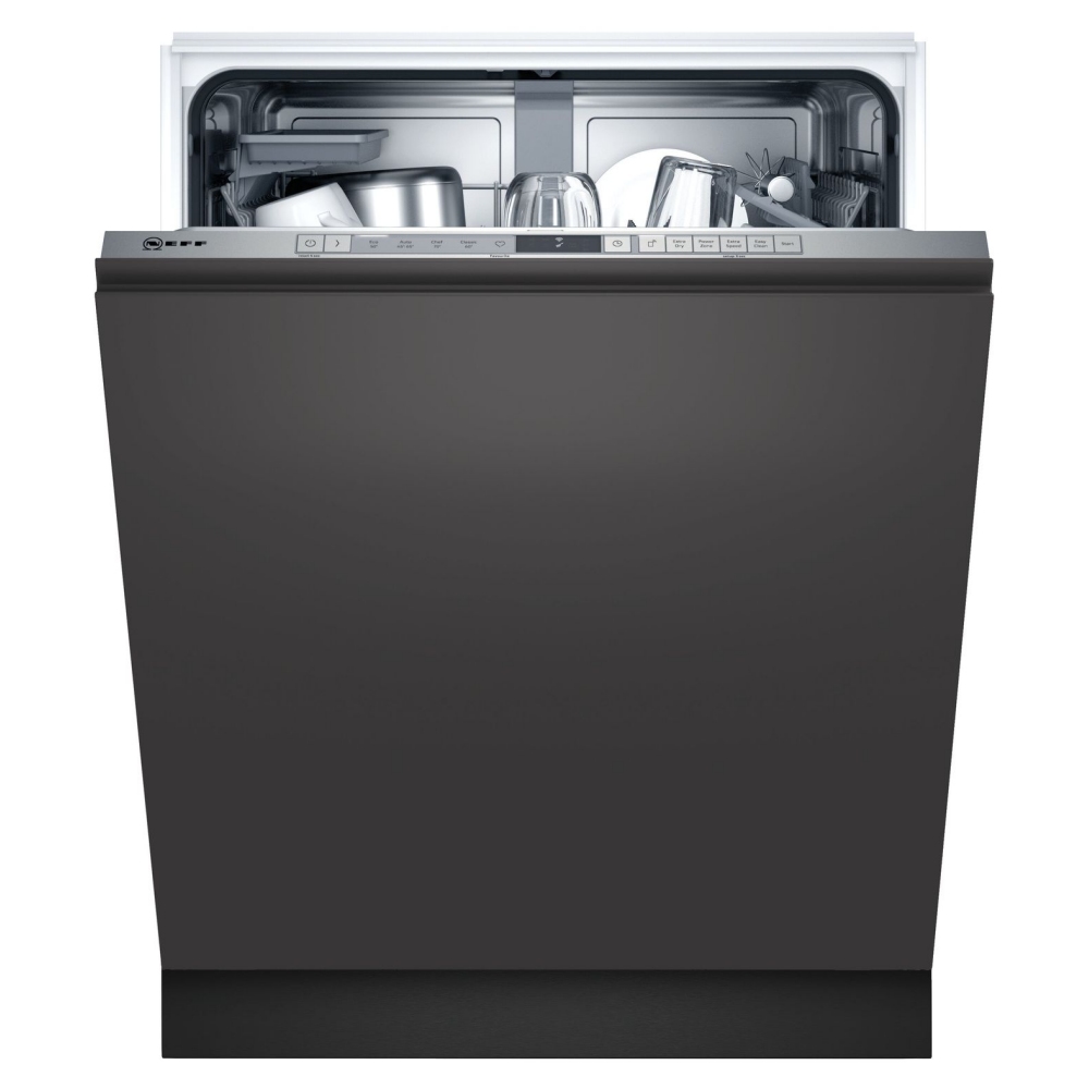 Built-in full-size dishwasher in sleek black finish, featuring a stainless steel interior, 13 place settings capacity, and control panel with buttons and display at the top.