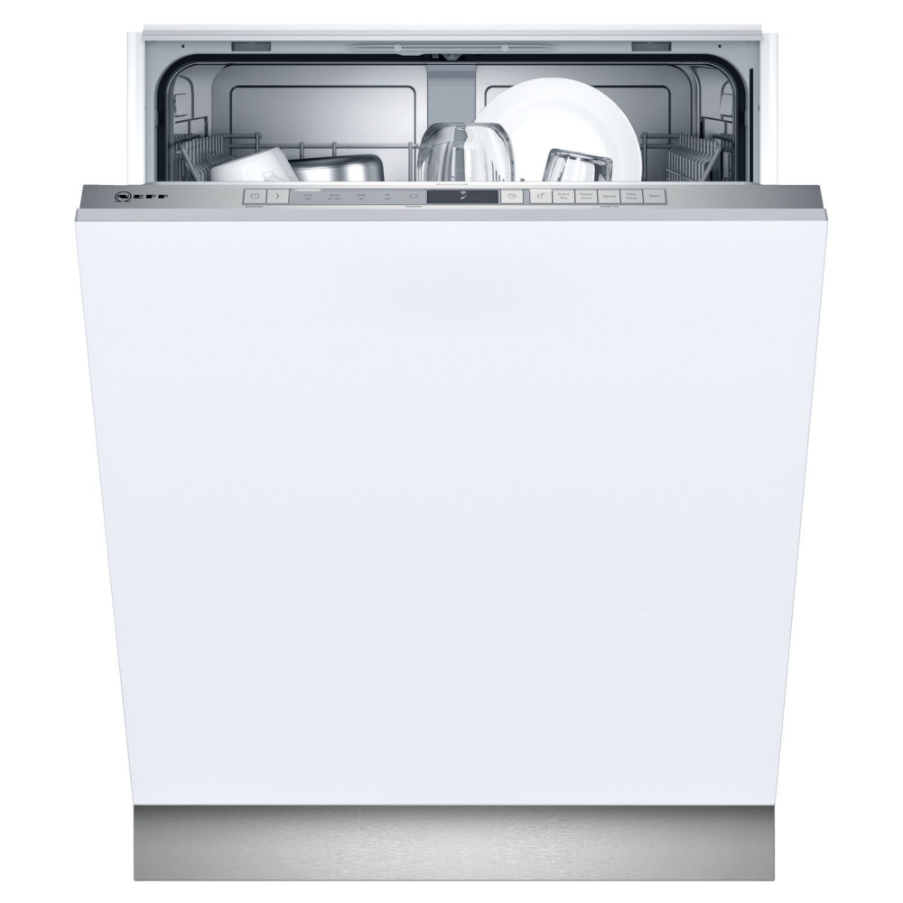 Built-in white dishwasher with stainless steel front, featuring a control panel with five program options, Flex I baskets, and InfoLight indicator, operating at 48dB and 10.5L capacity.