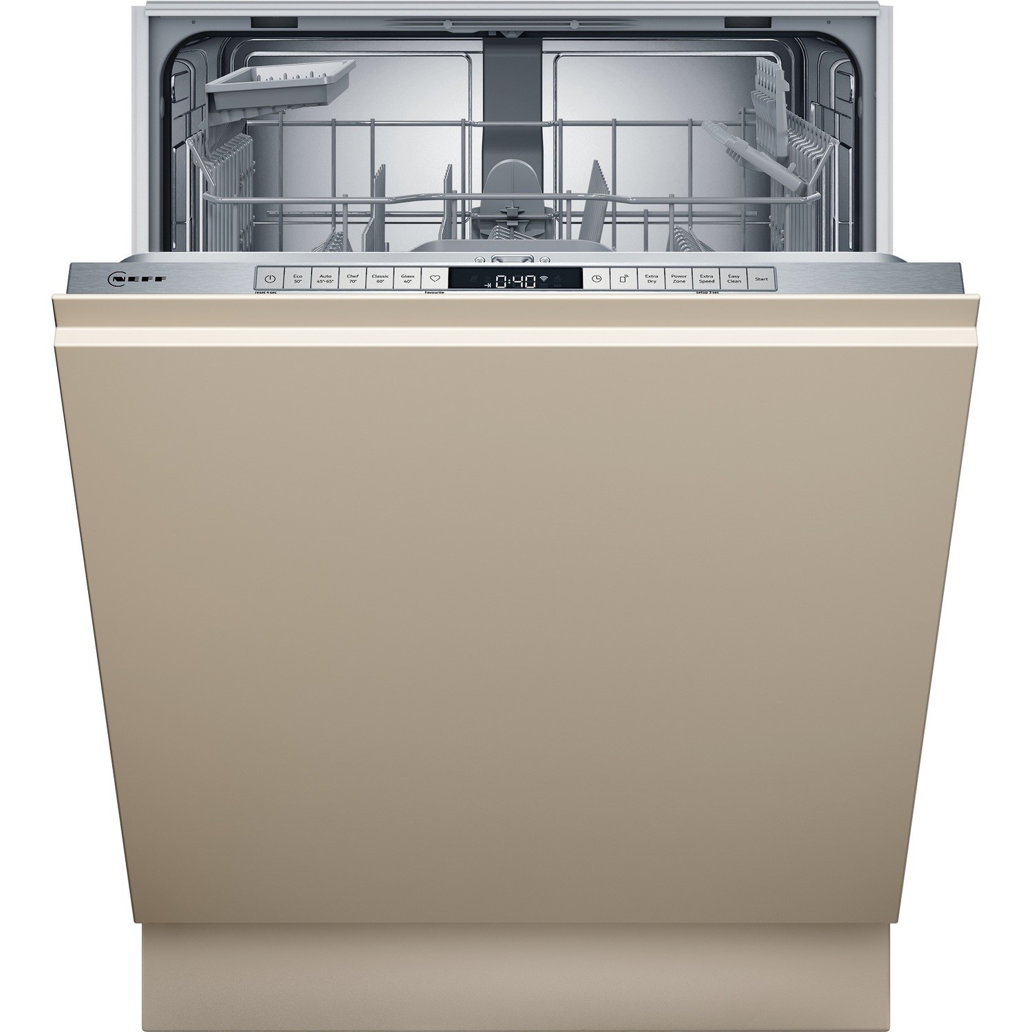 Integrated Neff N 50 dishwasher in a sleek beige finish, featuring a stainless steel control panel, Wi-Fi connectivity, and capacity for 13 place settings with a Vario hinge design.