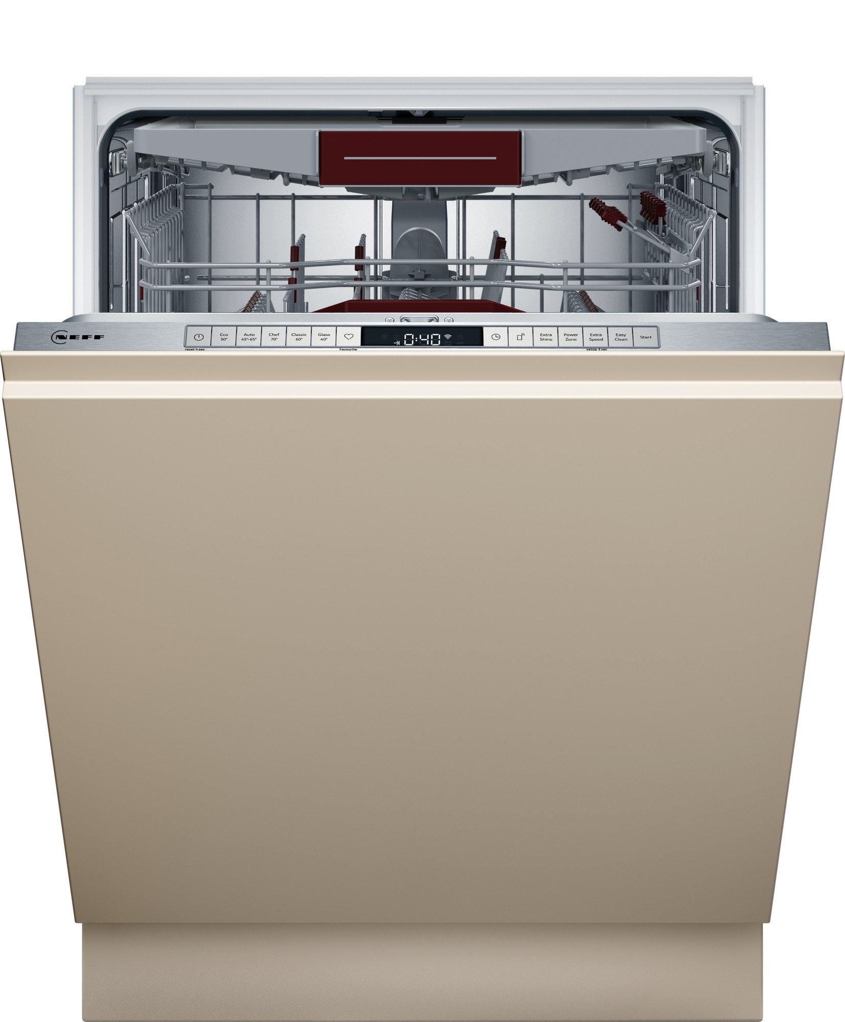 Neff N70 fully integrated dishwasher in a sleek beige finish, featuring a stainless steel control panel, spacious interior for 14 place settings, and smart Wi-Fi connectivity.