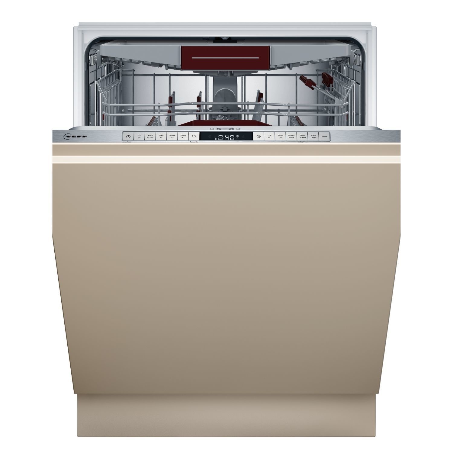 Fully integrated NEFF S195HCX02G dishwasher in a sleek beige finish, featuring a stainless steel control panel, 14 place settings, and a modern design for seamless kitchen integration.