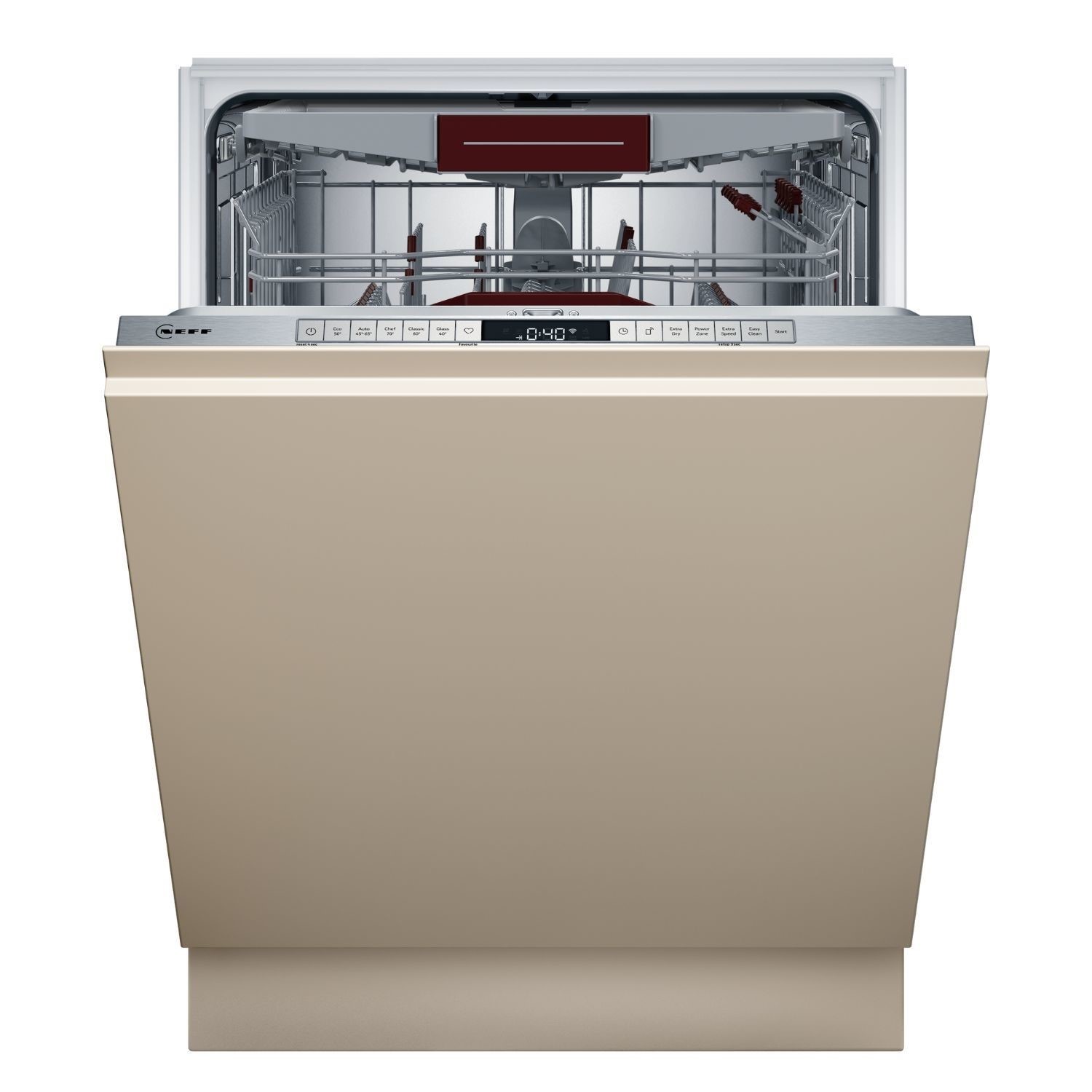 Fully-integrated Neff S295HCX02G dishwasher in a sleek beige finish, featuring a stainless steel control panel and an open door revealing a spacious interior with adjustable racks.