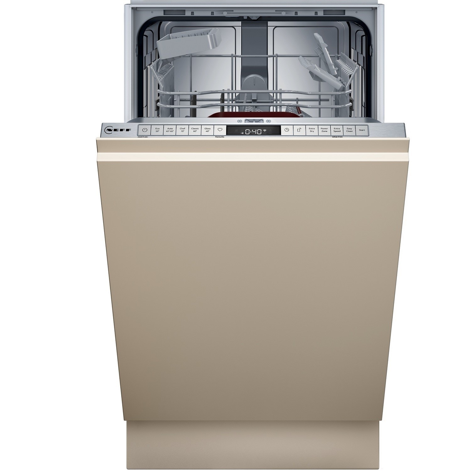 Integrated slimline dishwasher in a sleek beige finish, featuring a stainless steel interior, adjustable racks, and a control panel with digital display and buttons.