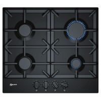 Black 60cm gas hob with four burners, featuring a sleek design, cast iron supports, and illuminated knobs for easy control.