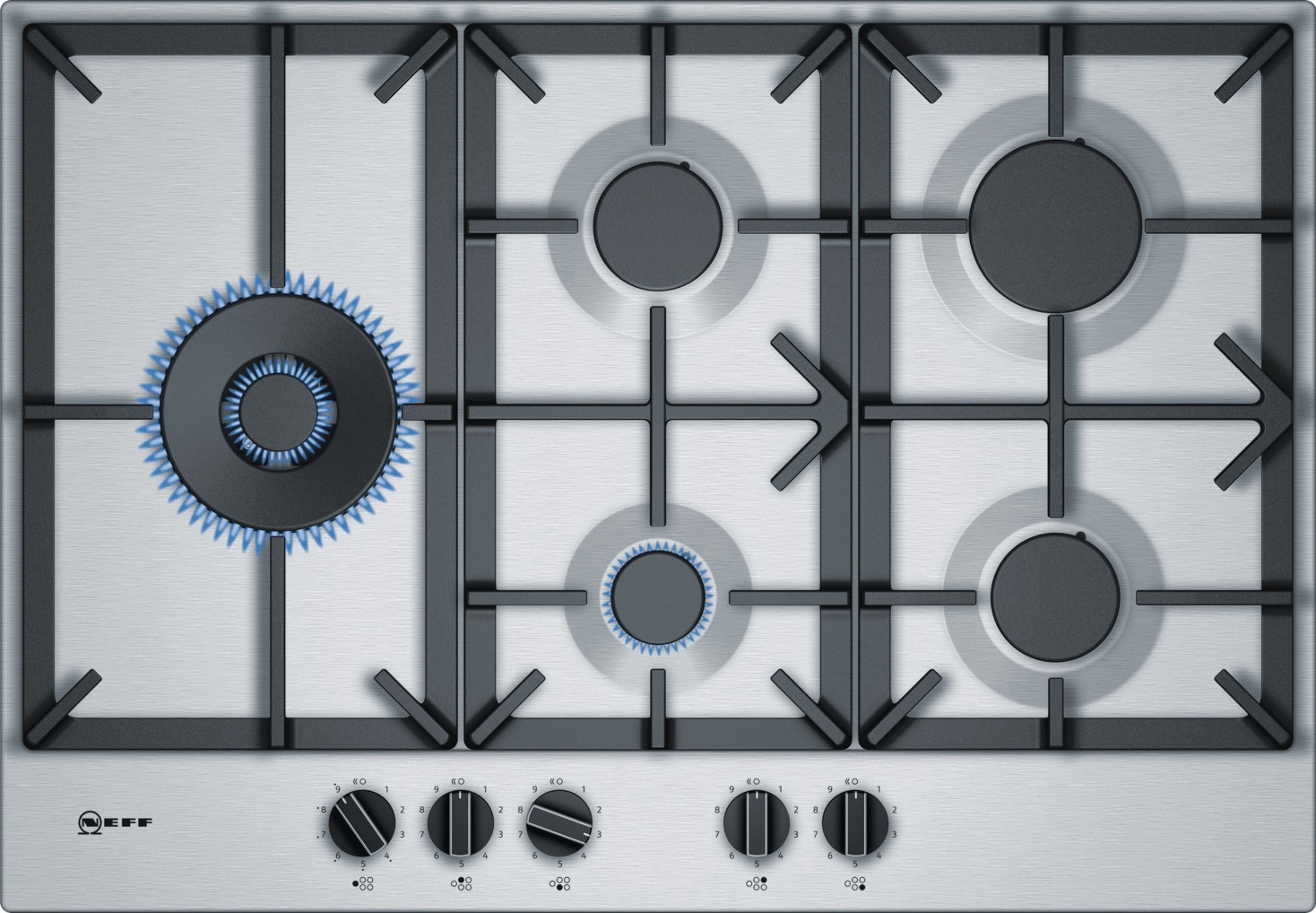 Stainless steel gas hob with four burners, including a central blue flame burner, black control knobs, and a sleek design featuring a grid pattern.
