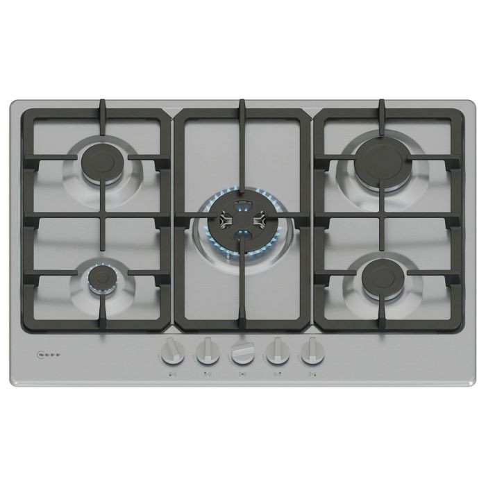 Stainless steel gas hob with five burners, including a central wok burner, black cast iron grates, and control knobs on the front.