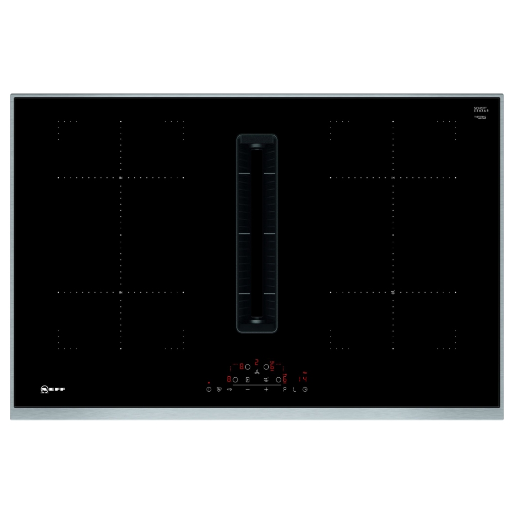 Black glass Neff T48TD7BN2 venting hob with touch controls, featuring two combi zones, integrated ventilation, auto-on fan, and frying sensor.