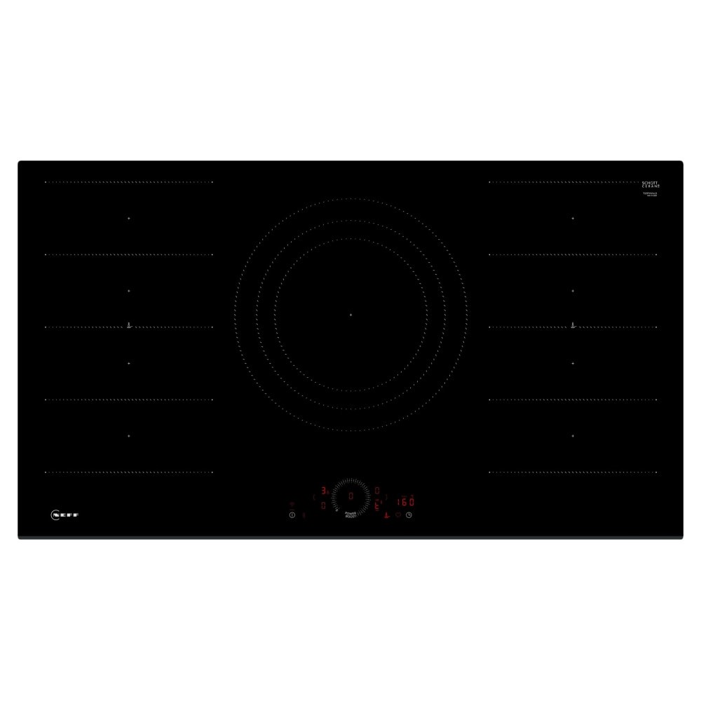 Black 90cm Flex Induction Hob featuring a sleek glass surface, Twist Touch Control interface, and multiple cooking zones for versatile cooking options.