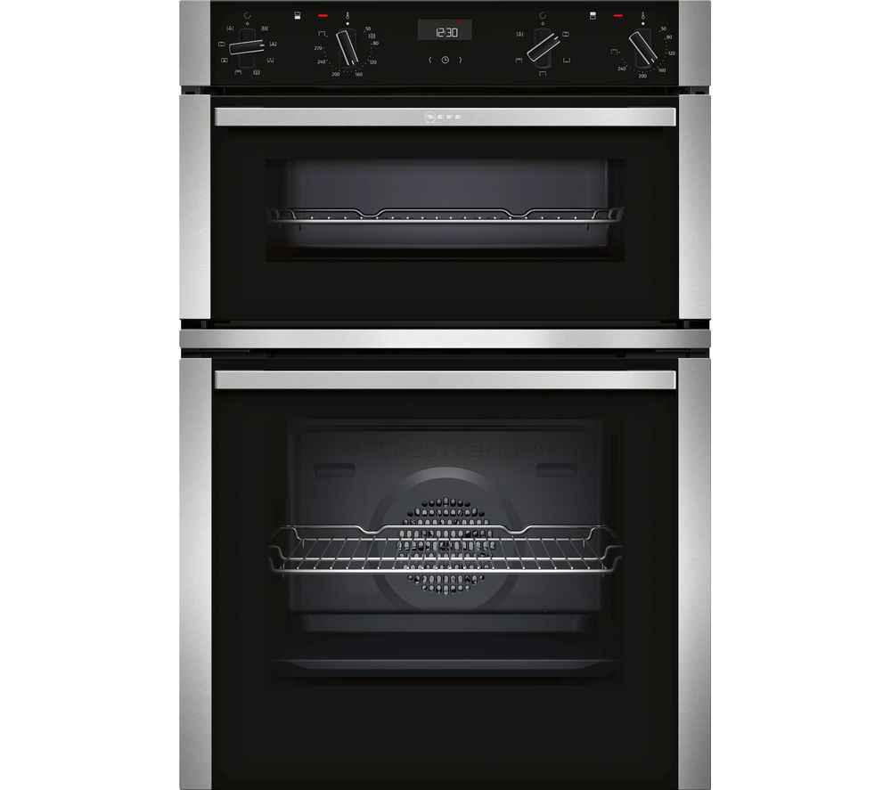 Stainless steel built-in double oven featuring a sleek LED display, Circotherm technology, and two spacious black interiors with wire racks.