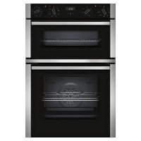 Black built-in double oven with stainless steel accents, featuring two glass doors, digital controls, and CircoTherm Plus technology for even cooking.