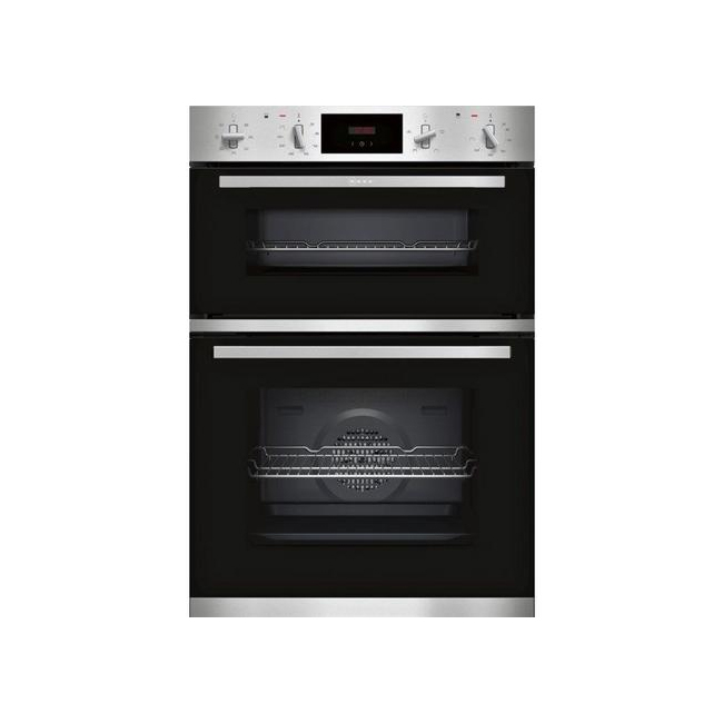 Black and steel built-in electric double oven featuring a sleek design, LED display, and lighting, with two cooking compartments and control knobs on the top panel.