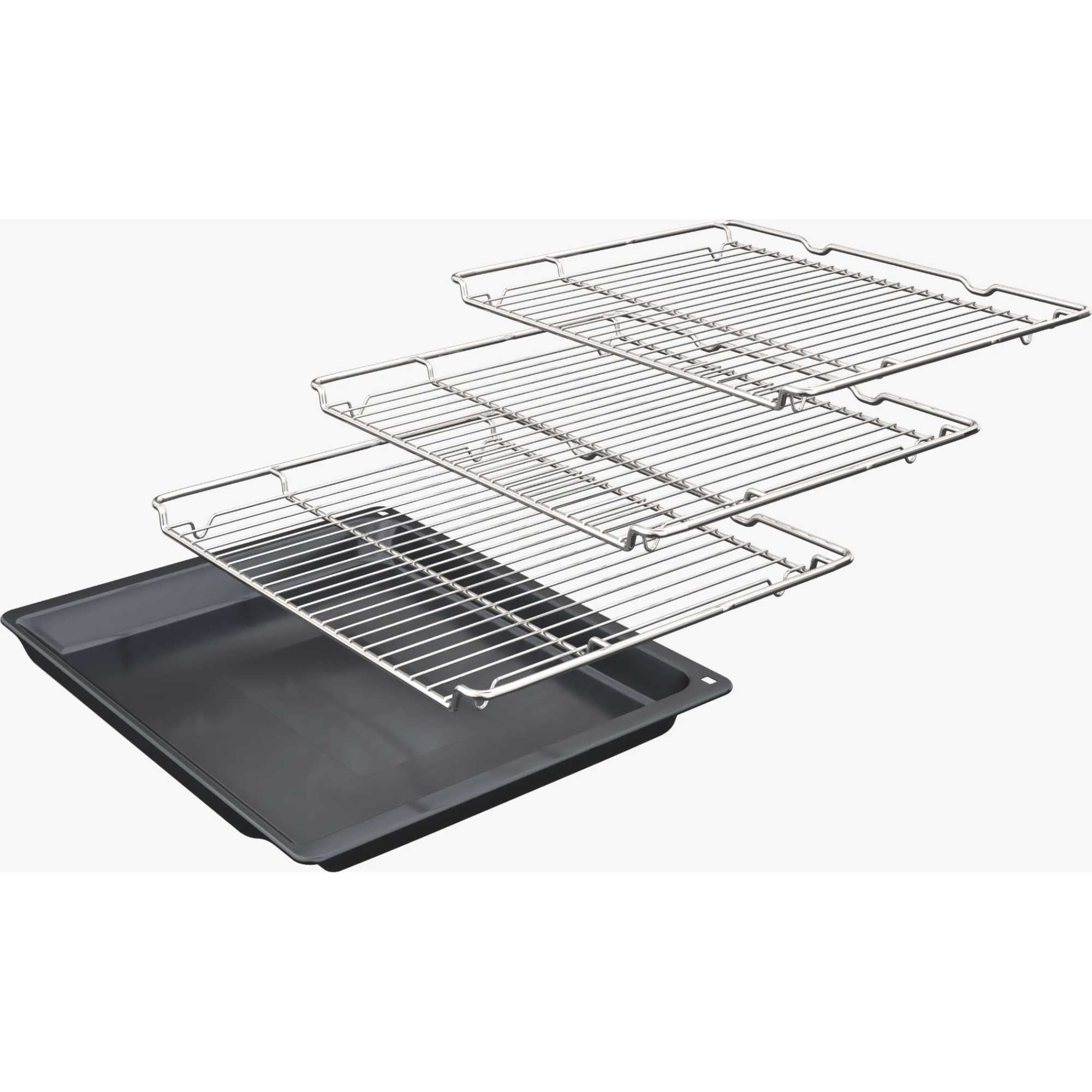 Stainless steel built-in double oven with three removable wire racks and a black baking tray, showcasing a sleek and modern design.