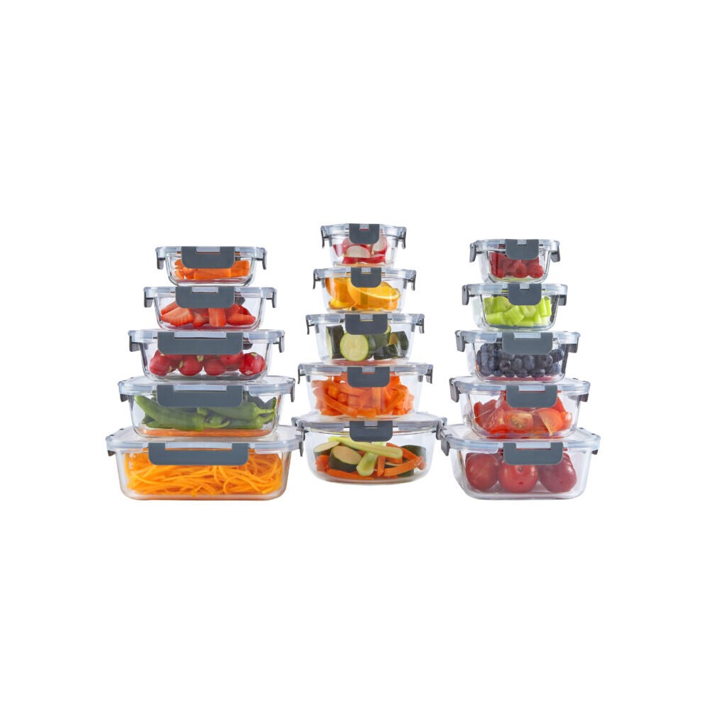 15-piece set of clear glass food storage containers with transparent lids, featuring colorful vegetables and fruits inside, stacked neatly in various sizes.