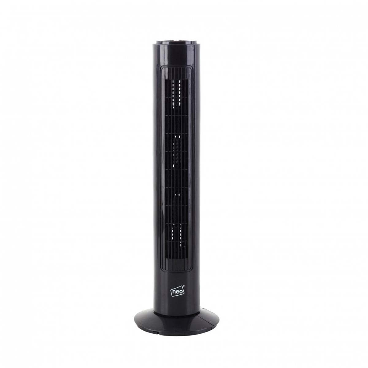 Black, sleek, free-standing tower fan with a slim design, featuring a vertical grille for airflow, three speed settings, and a circular base for stability.