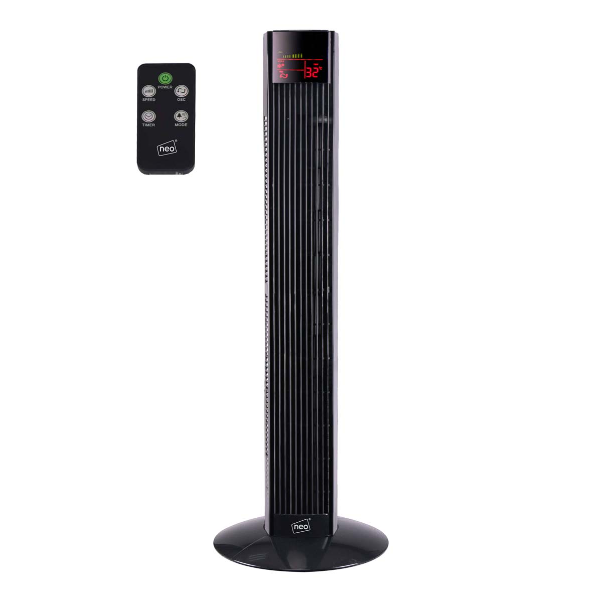 Sleek black Neo tower fan with a digital display, three speed settings, and a remote control for convenient operation.