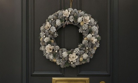 Extra large frosted pinecone wreath with pink flowers and silver accents, featuring a mix of artificial greenery, ideal for festive front door decoration.