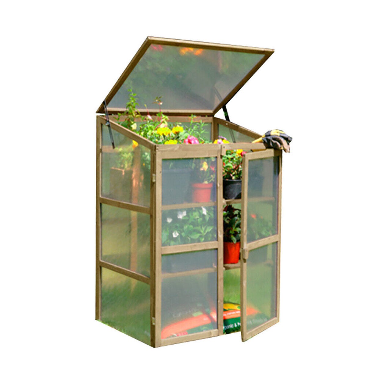 Mini wooden greenhouse in brown with a transparent plastic cover, featuring a hinged roof and multiple shelves for potted plants, designed for indoor or outdoor use.