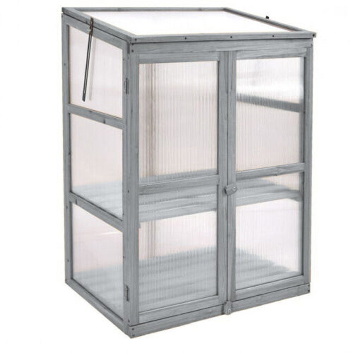 Neo Brown Mini Growhouse Cold Frame Model 3 features a wooden frame with a brown finish, transparent polycarbonate panels, and a slanted roof for optimal sunlight.