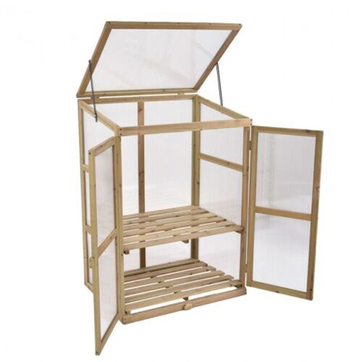 Mini wooden greenhouse with a natural wood finish, featuring two open doors, a slatted shelf, and a transparent plastic cover for ventilation.