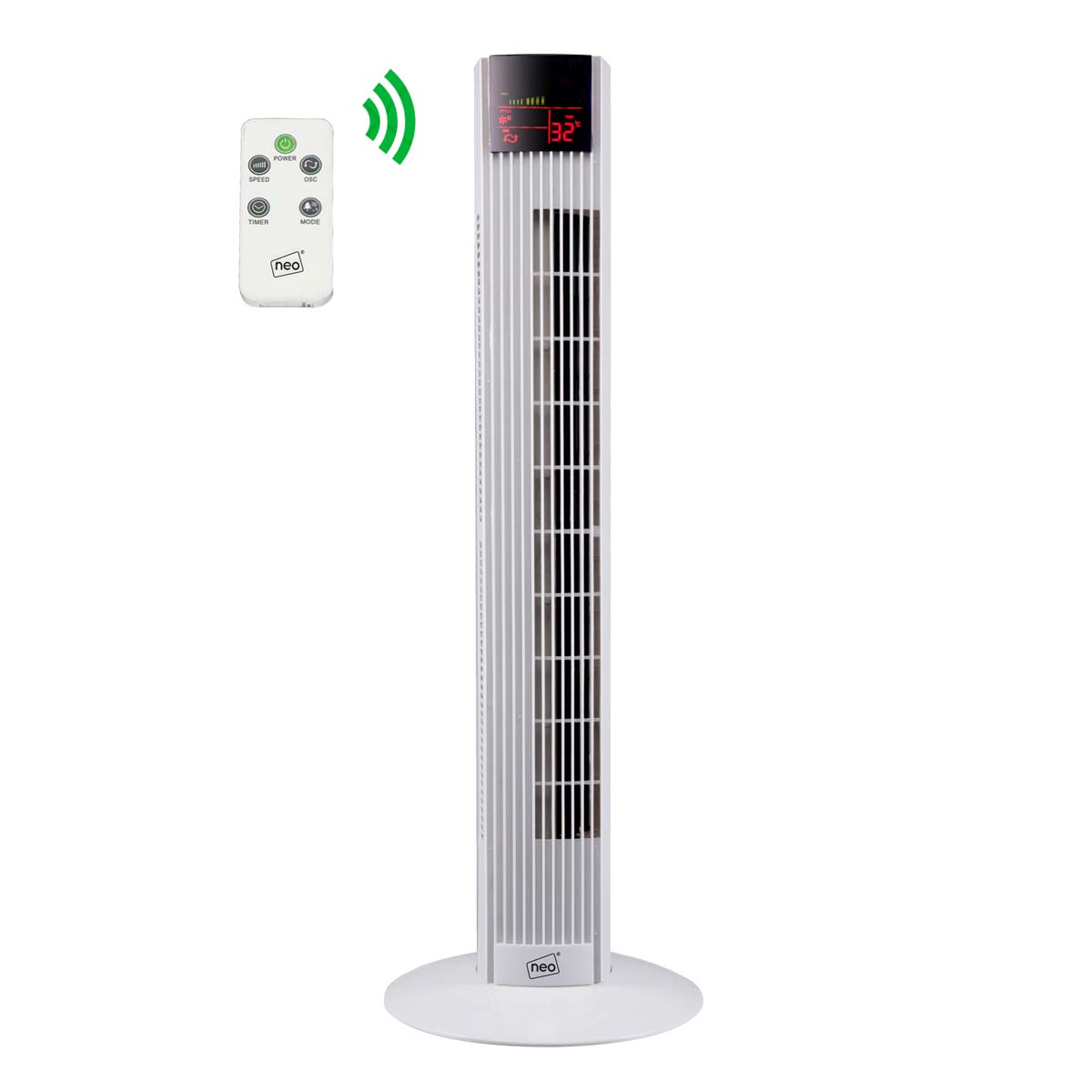 White Neo tower fan with a sleek design, featuring a digital display, three speed settings, and a remote control for convenience.