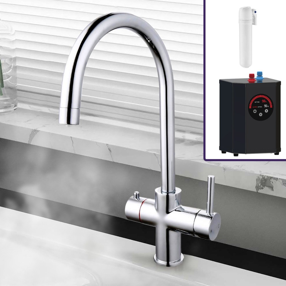 Single lever chrome kitchen tap with a sleek, curved spout, designed for instant boiling water, accompanied by a compact black tank for easy installation.