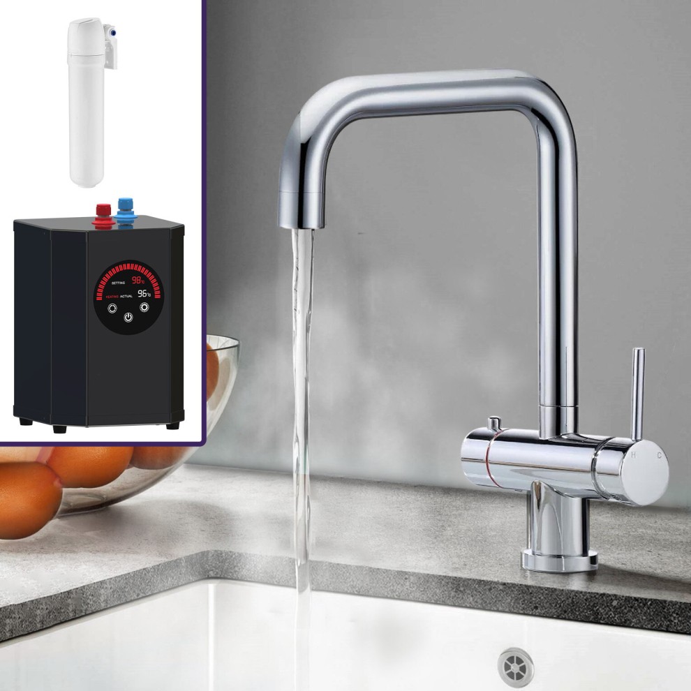 Chrome kitchen tap with a sleek design, featuring a boiling water spout, a red and black heating tank, and a modern control panel for temperature adjustment.