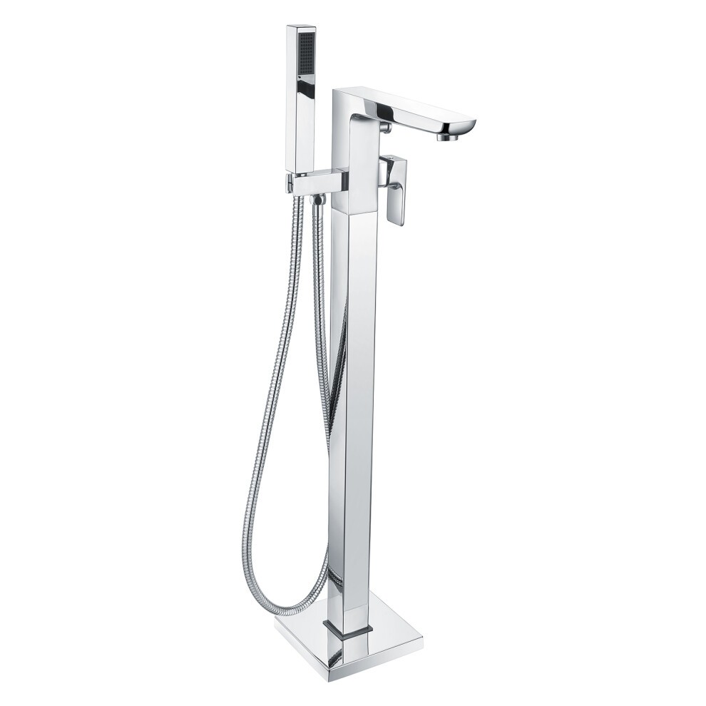 Square floorstanding bath shower mixer tap in chrome, featuring a sleek design, a handheld shower handset, and a modern square base for contemporary bathrooms.