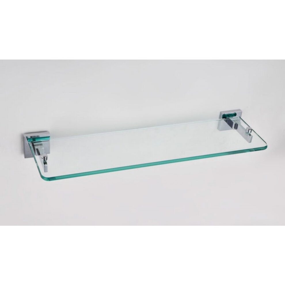 Clear glass shelf with polished chrome brackets, featuring a sleek, modern design suitable for various interior styles.