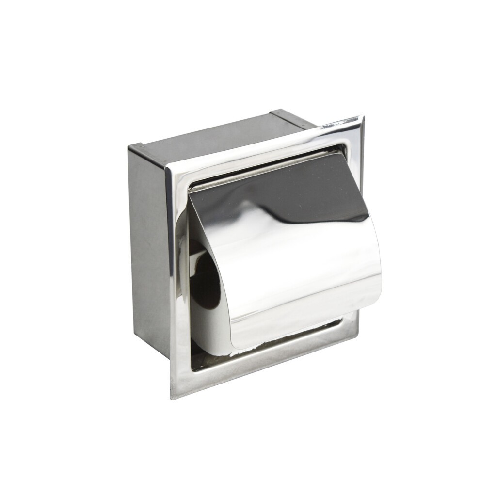 Single concealed toilet roll holder in chrome finish, featuring a sleek, modern design with a rounded cover and rectangular base for easy wall mounting.