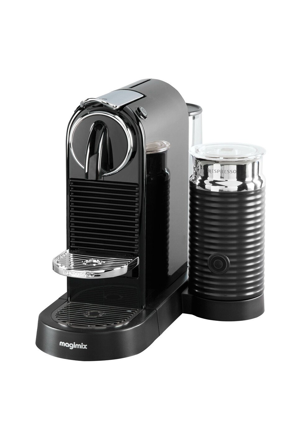 Black Nespresso by De'Longhi Citiz coffee machine with a sleek design, featuring a chrome lever, a removable water tank, and a separate Aeroccino milk frother.