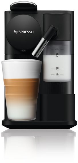 Sleek black Delonghi Nespresso Lattissima One coffee machine with a milk frother, featuring a clear water reservoir and a glass cup filled with layered coffee and milk.