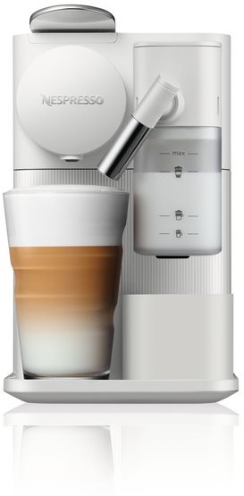 De'Longhi Lattissima One coffee machine in white, featuring a sleek design, milk frother, and a single cup brewing system, with a glass showcasing a layered coffee drink.