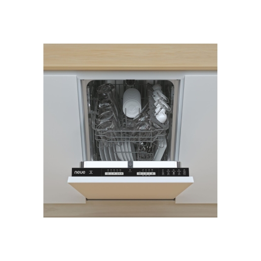 A built-in slimline dishwasher with a sleek black control panel, featuring a stainless steel interior, loaded with dishes and glasses, set within a light wood kitchen cabinetry.
