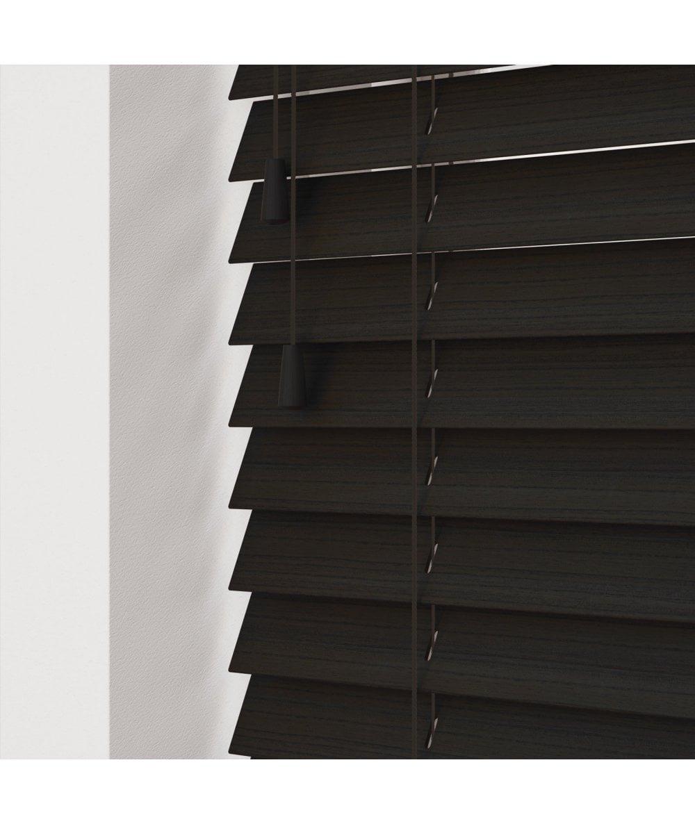 Fine grain dark walnut blinds measuring 100cm, featuring adjustable strings for light control, with a sleek, modern design and rich brown tones.