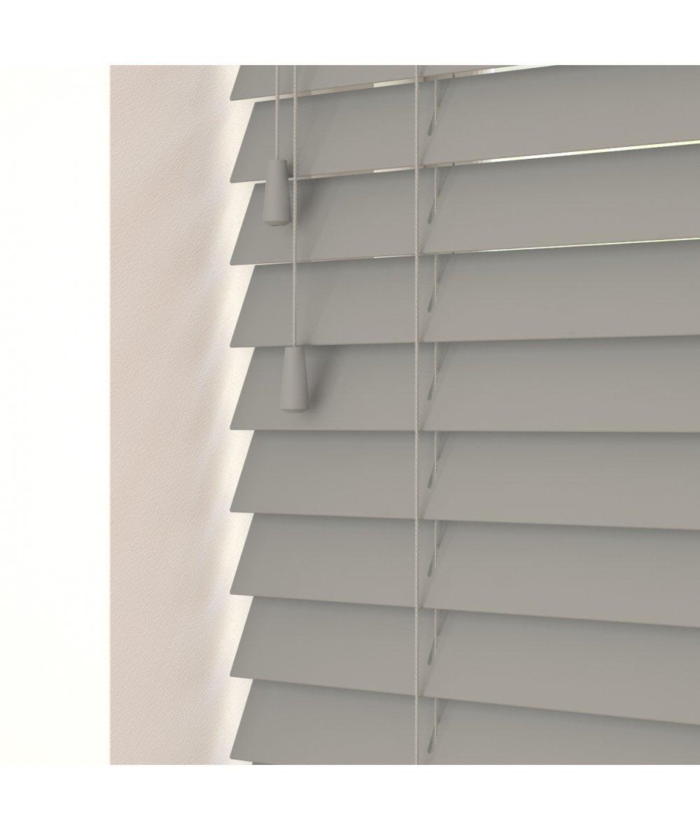 Fine grain volcanic grey blinds measuring 210cm, featuring sleek horizontal slats and two pull strings for easy adjustment, set against a light-colored wall.