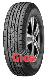 Black all-season tire with a tread pattern designed for enhanced grip, labeled "Nexen Roadian HTX RH5 255/65 R17 110S 4PR ROWL," mounted on a shiny alloy wheel.