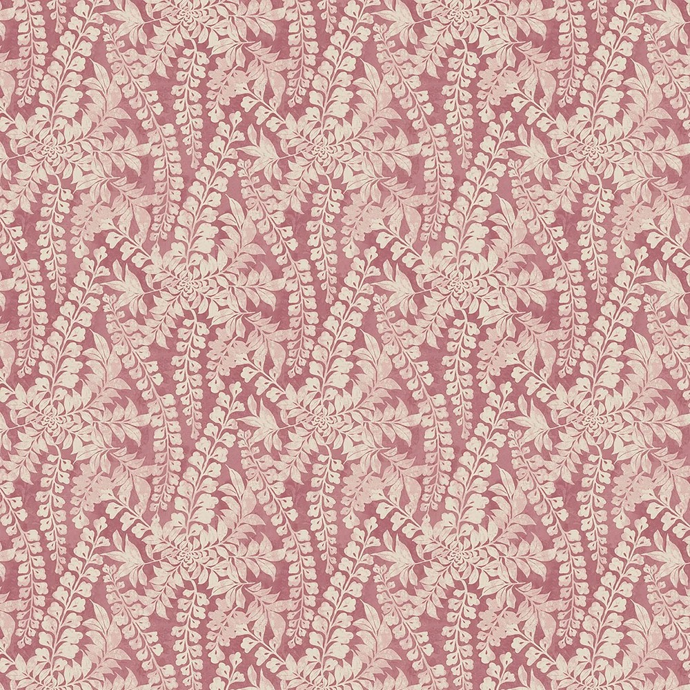 Delicate pink wallpaper featuring a repeating pattern of intricate leaf designs in soft cream, creating a vintage floral aesthetic.