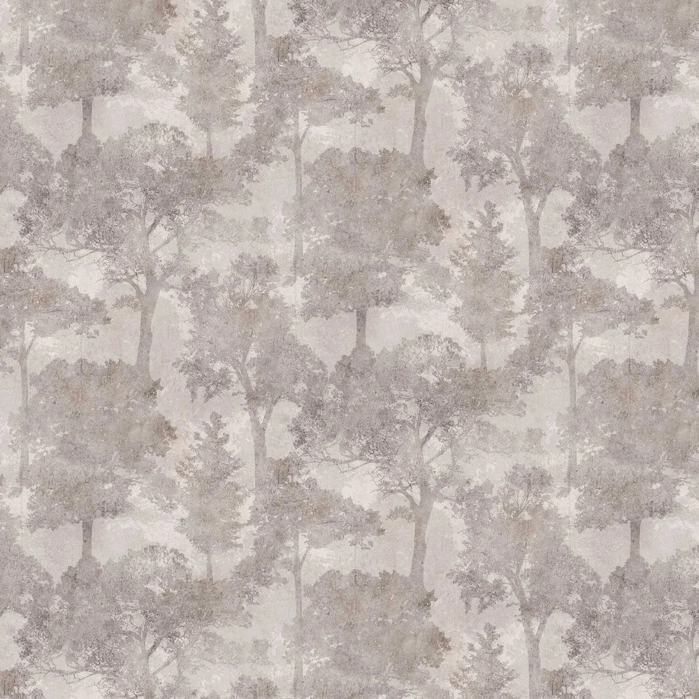 Soft grey wallpaper featuring a delicate trailing tree pattern, with various tree silhouettes blending into a muted, textured background.