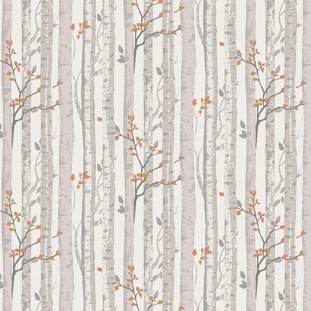 Woodland wallpaper featuring vertical stripes in soft beige and white, adorned with delicate grey tree trunks and orange leaves on slender branches.