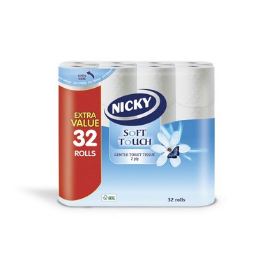 Nicky Soft Touch toilet tissue pack featuring 32 rolls, with a blue and white design, labeled "Extra Value" and "2 Ply," adorned with a floral graphic.