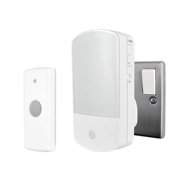 White Uni-Com Night Light Door Chime 66354 with a rectangular chime unit featuring a button and light, alongside a compact wireless remote button in a sleek design.