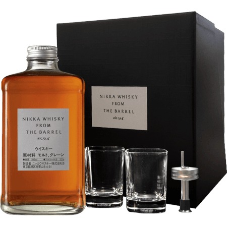 Nikka from the Barrel Japanese whisky glass gift set featuring a 50 cl amber whisky bottle, two clear glass tumblers, and a metal pourer, all presented in a sleek black box.