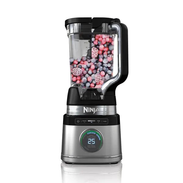 Ninja TB201UK Detect Power Blender in black and silver features a clear pitcher filled with frozen berries and a digital display with a circular control panel.