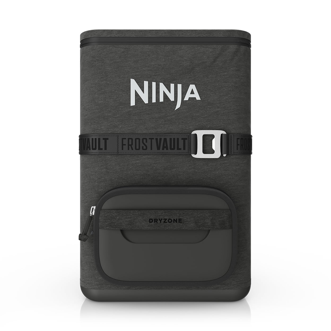 Charcoal grey soft cooler backpack with a 23-litre capacity, featuring a front zip pocket, adjustable strap, and "Ninja" logo prominently displayed.