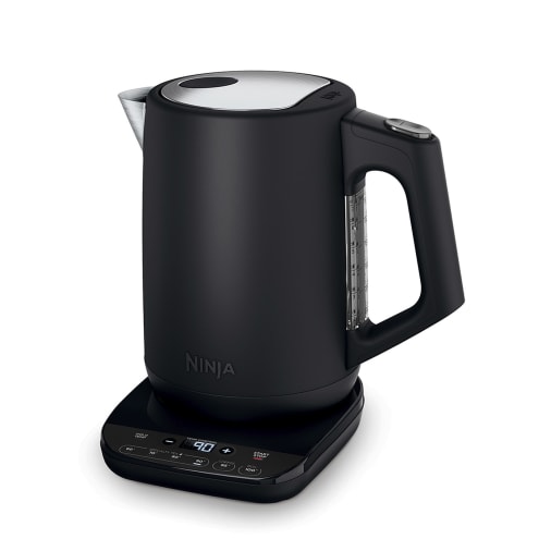 Black Ninja KT200UK kettle with a 1.7L capacity, featuring a digital temperature control panel, a transparent water level indicator, and a sleek, modern design.