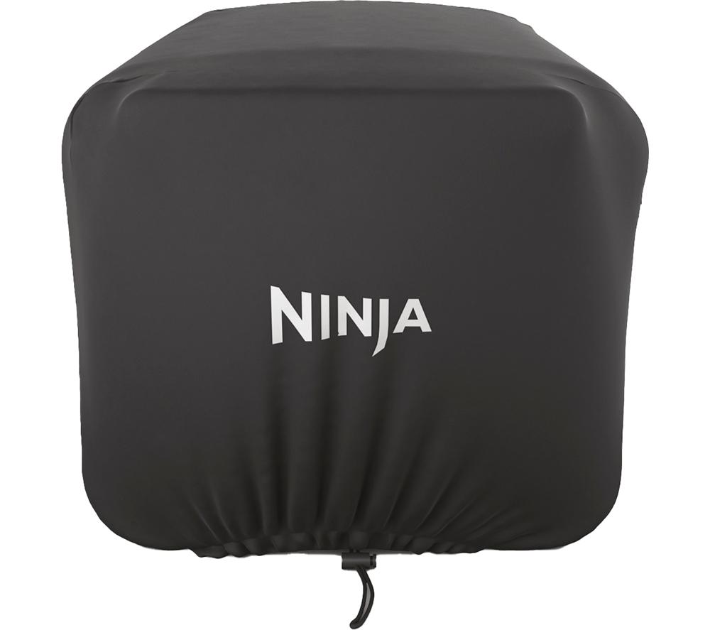 Black, durable cover for the Ninja Woodfire Electric Outdoor Oven, featuring a fitted design and a prominent white "NINJA" logo on the front.