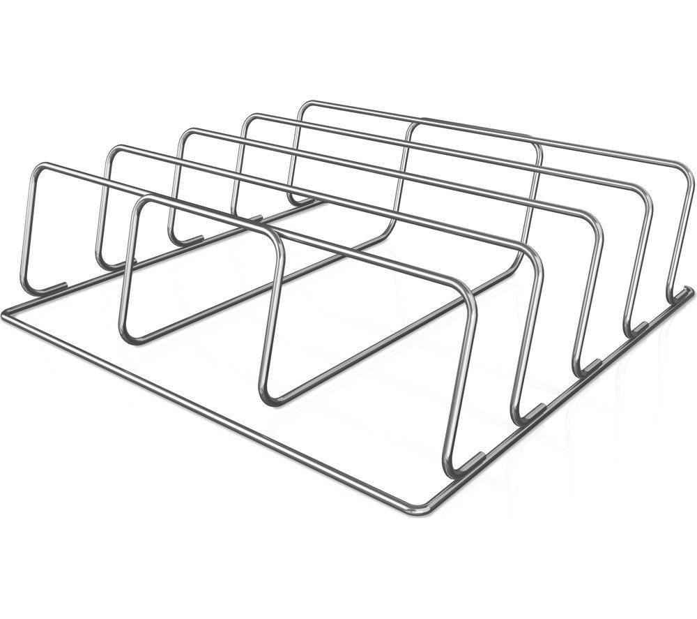 Silver metal rib rack with six slots for cooking ribs, featuring a sturdy, open design for optimal heat circulation and grilling efficiency.