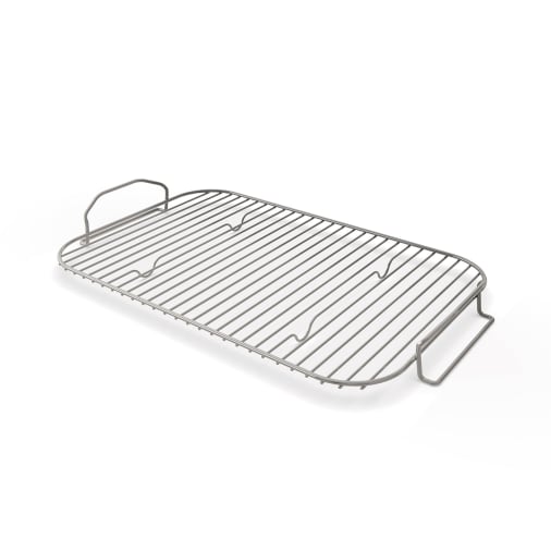 Silver stainless steel roasting and smoking rack with a rectangular shape, featuring parallel bars and side handles for easy lifting.