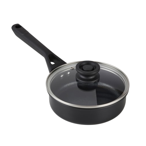 Black 16cm saucepan with a transparent glass lid, stainless steel rim, and a sturdy black handle, featuring a non-stick ZEROSTICK coating for easy cooking and cleaning.